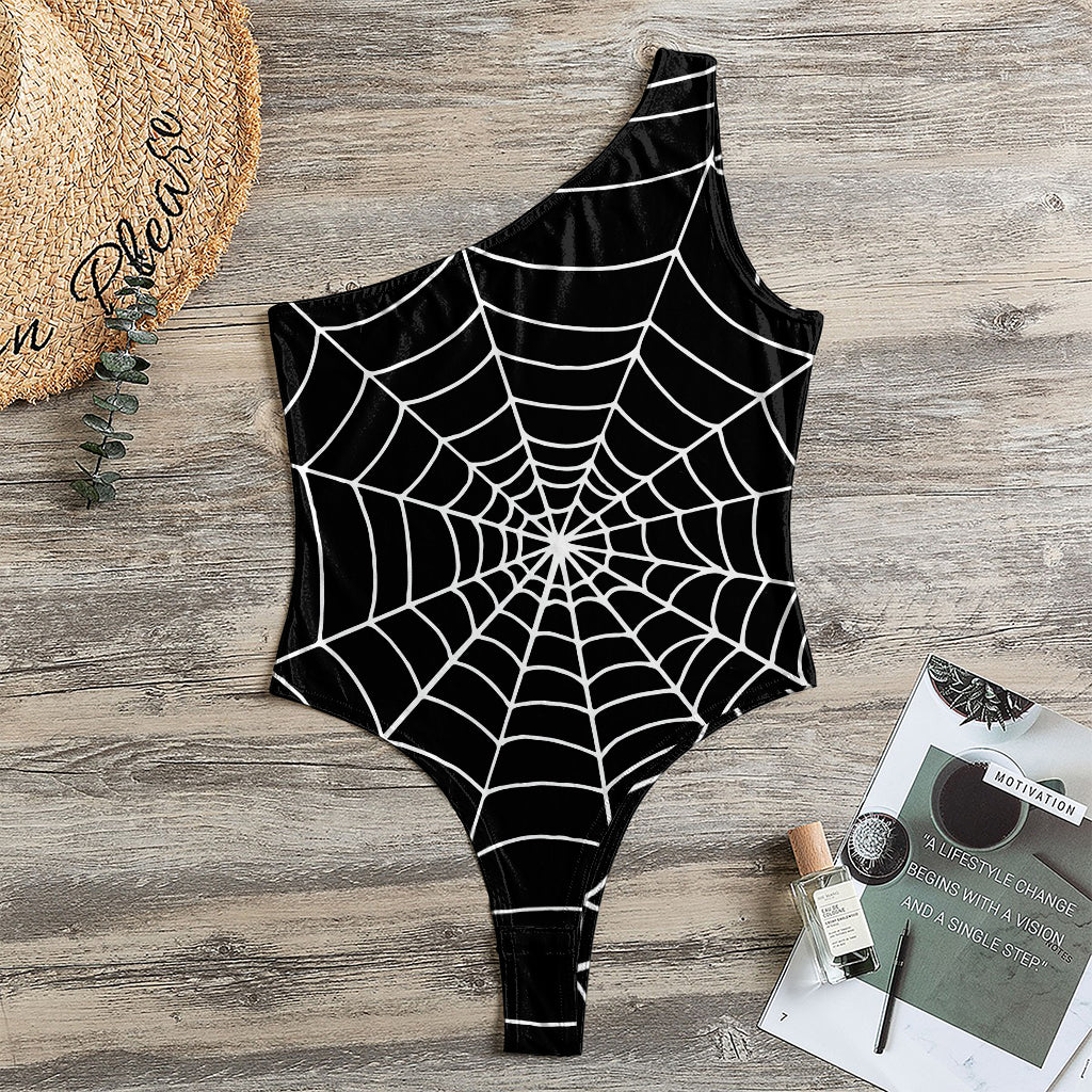 Black And White Cobweb Print One Shoulder Bodysuit