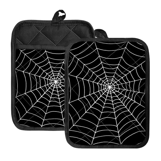 Black And White Cobweb Print Pot Holders With Pocket