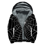 Black And White Cobweb Print Sherpa Lined Zip Up Hoodie