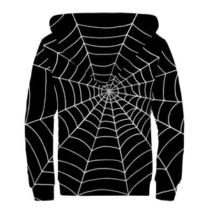 Black And White Cobweb Print Sherpa Lined Zip Up Hoodie