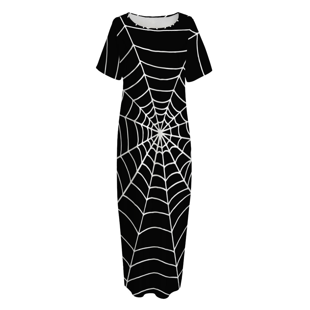 Black And White Cobweb Print Short Sleeve Long Nightdress