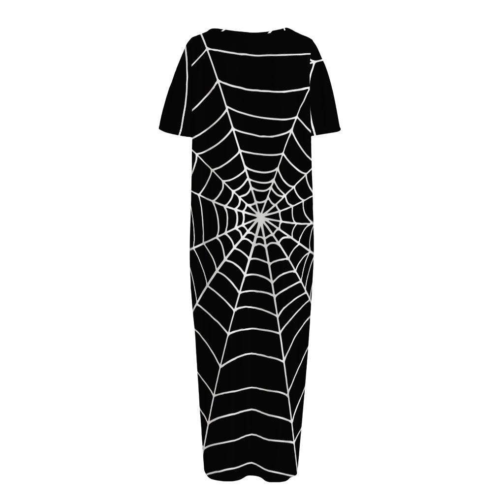 Black And White Cobweb Print Short Sleeve Long Nightdress