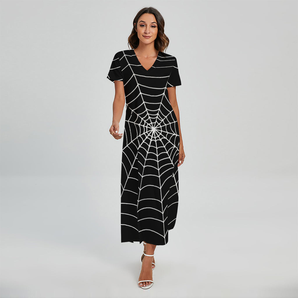 Black And White Cobweb Print Short Sleeve Maxi Dress