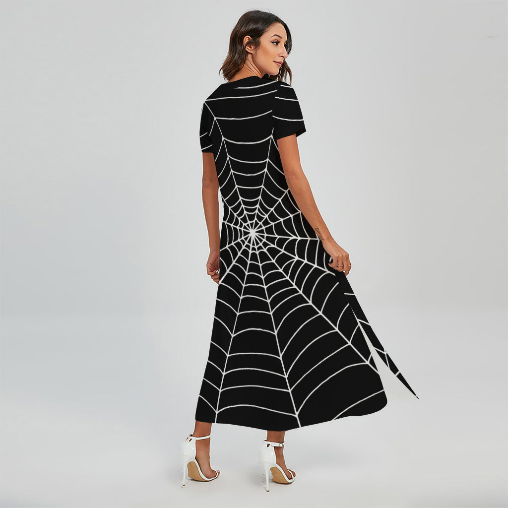 Black And White Cobweb Print Short Sleeve Maxi Dress