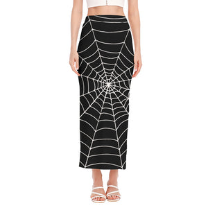 Black And White Cobweb Print Side Slit Maxi Skirt