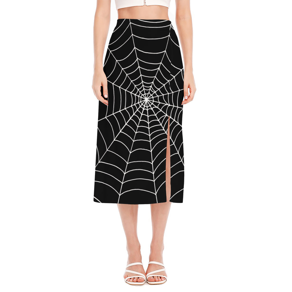 Black And White Cobweb Print Side Slit Midi Skirt