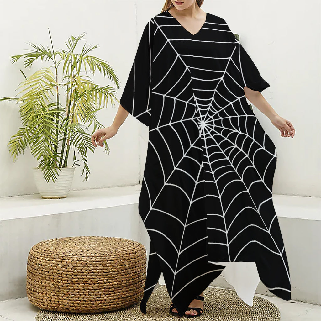 Black And White Cobweb Print Silk V-Neck Kaftan Dress