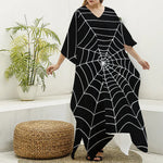 Black And White Cobweb Print Silk V-Neck Kaftan Dress