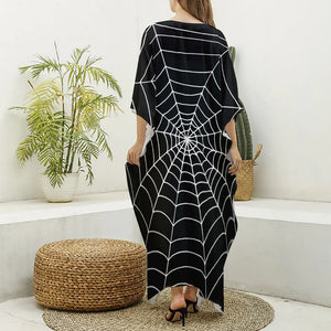 Black And White Cobweb Print Silk V-Neck Kaftan Dress