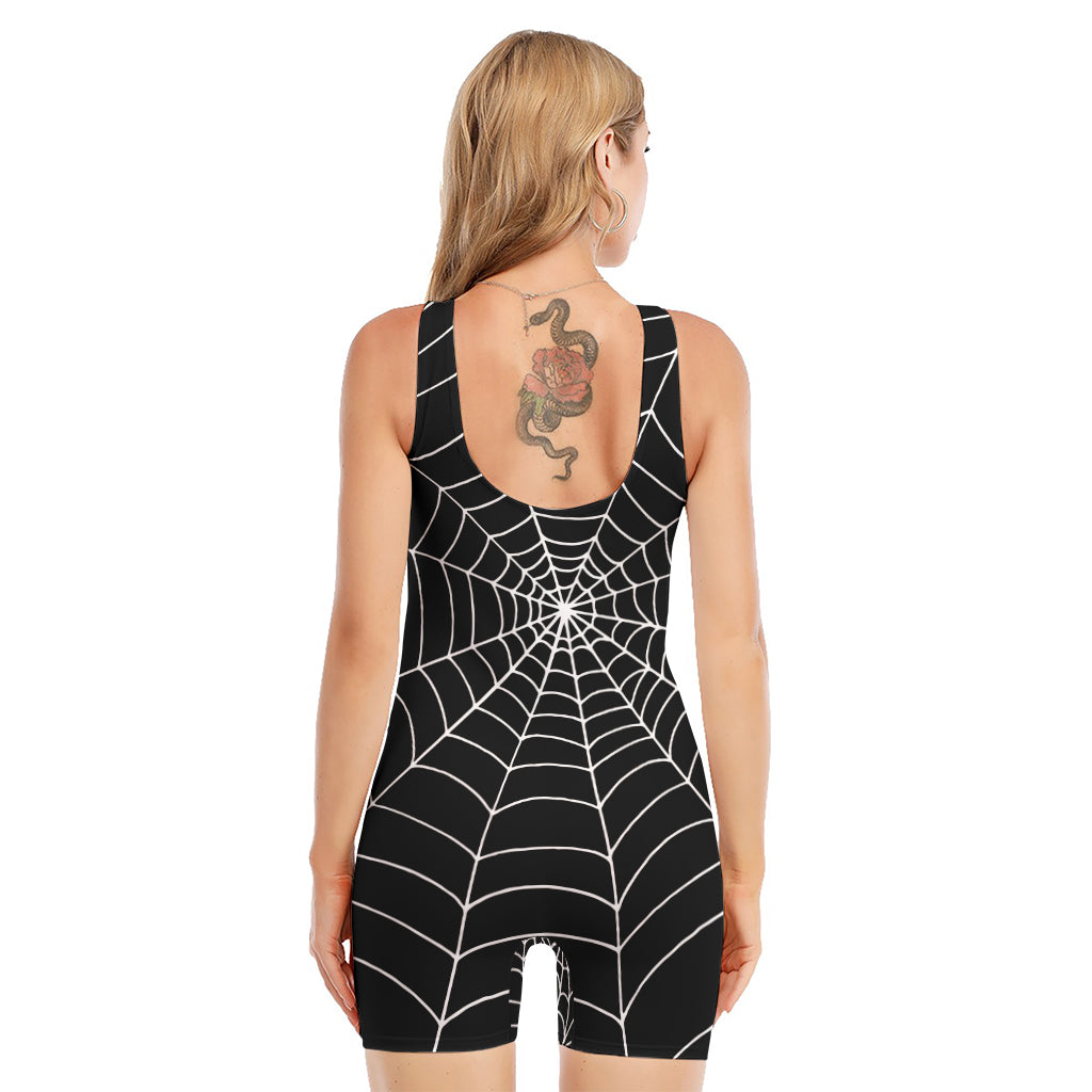 Black And White Cobweb Print Sleeveless One Piece Swimsuit