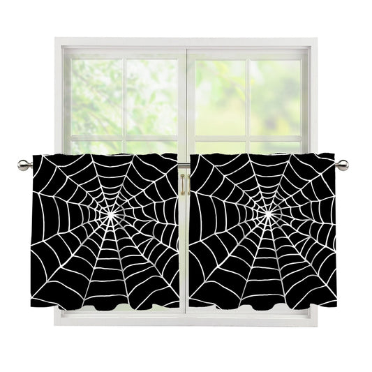 Black And White Cobweb Print Tier Curtains