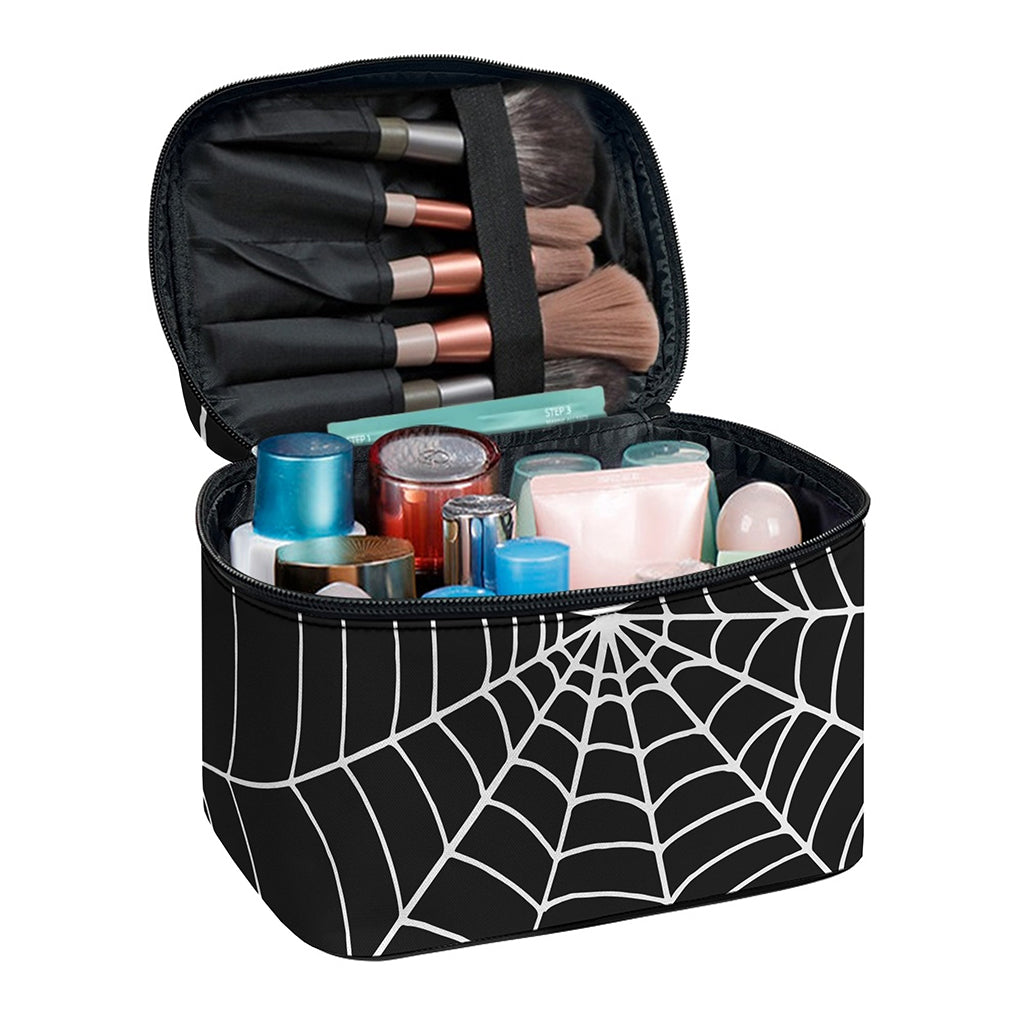 Black And White Cobweb Print Travel Makeup Bag