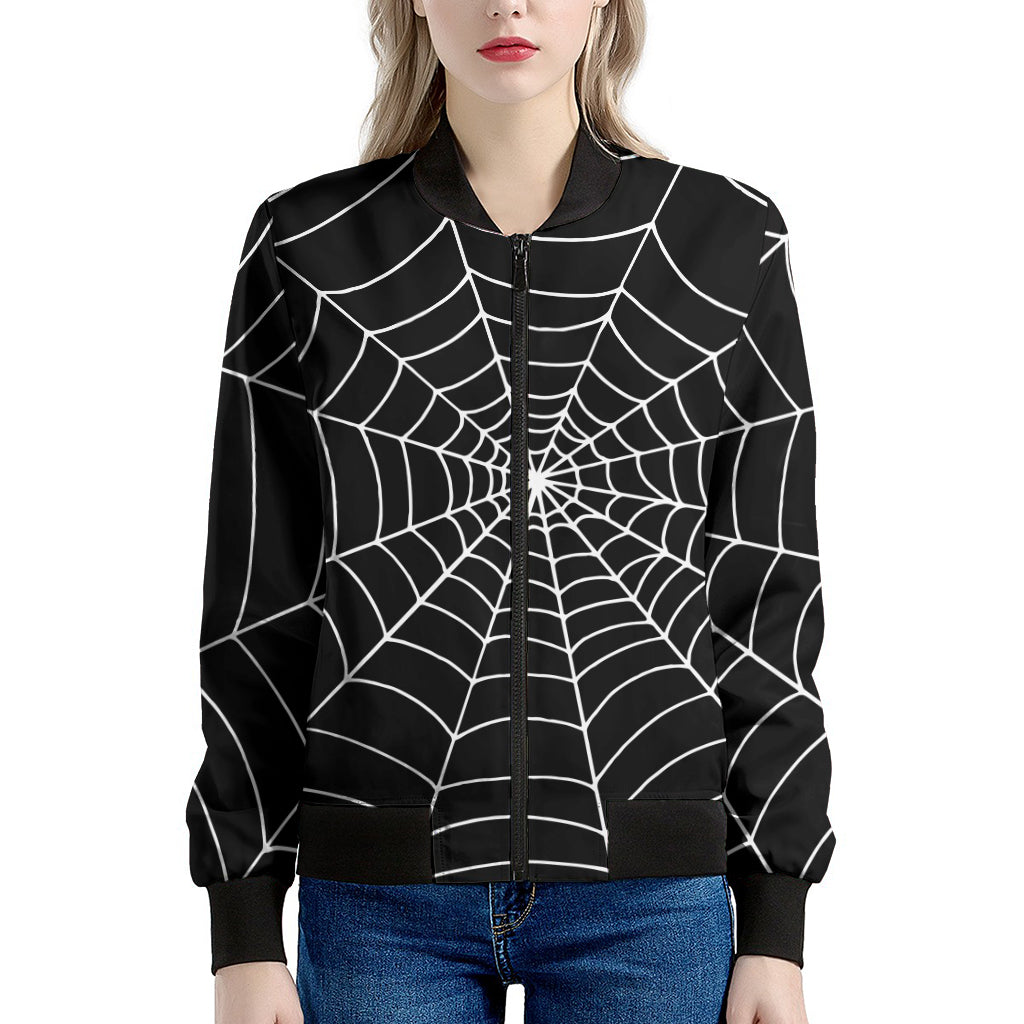 Black And White Cobweb Print Women's Bomber Jacket