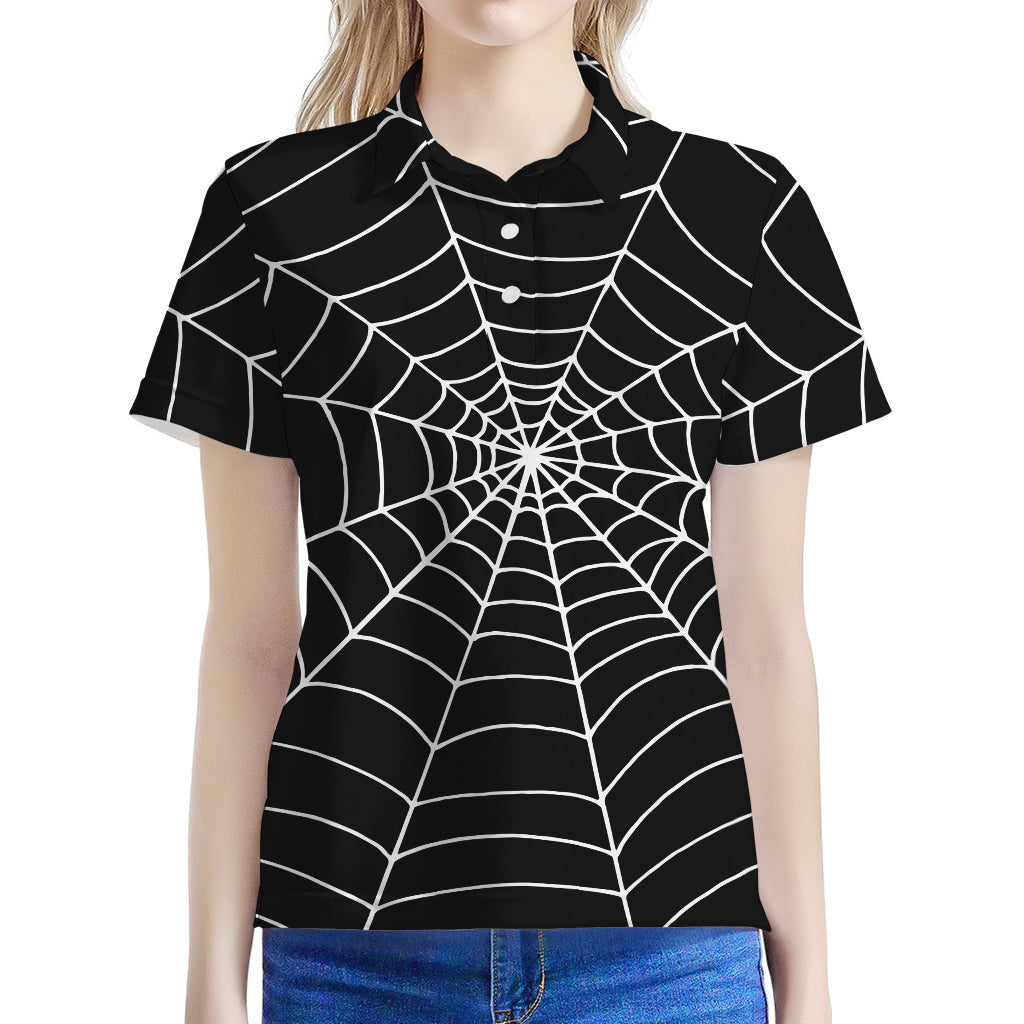 Black And White Cobweb Print Women's Polo Shirt