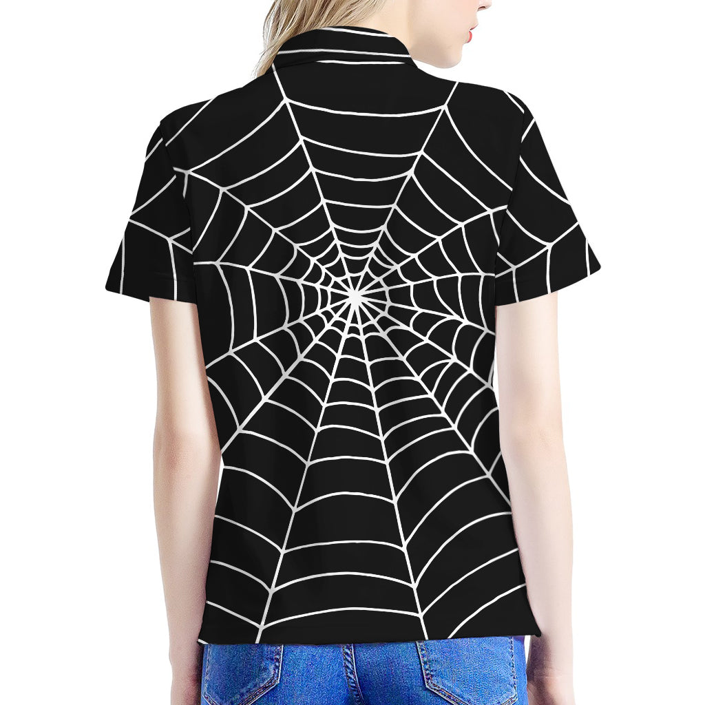 Black And White Cobweb Print Women's Polo Shirt