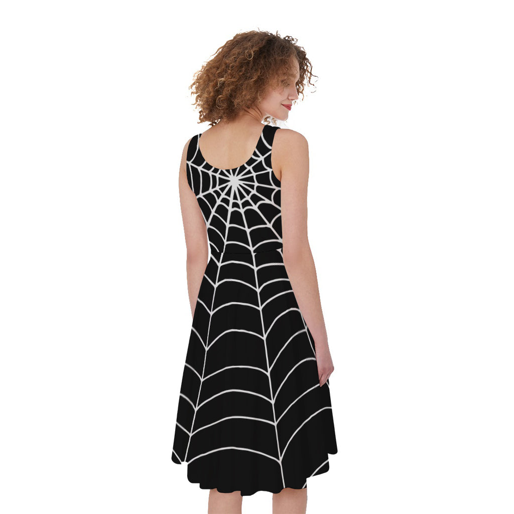 Black And White Cobweb Print Women's Sleeveless Dress