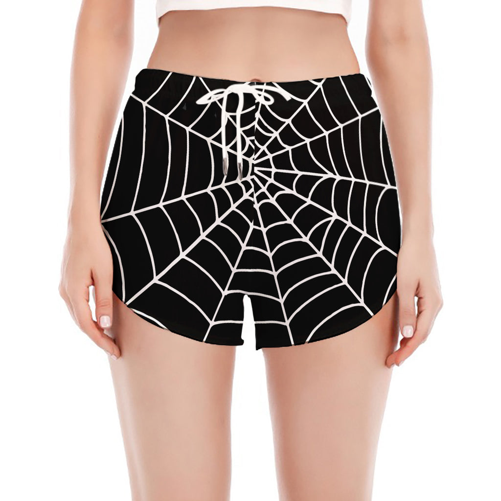 Black And White Cobweb Print Women's Split Running Shorts