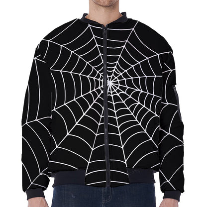 Black And White Cobweb Print Zip Sleeve Bomber Jacket