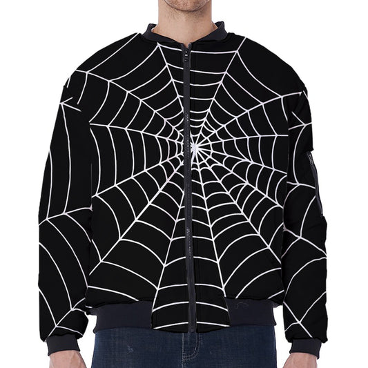 Black And White Cobweb Print Zip Sleeve Bomber Jacket