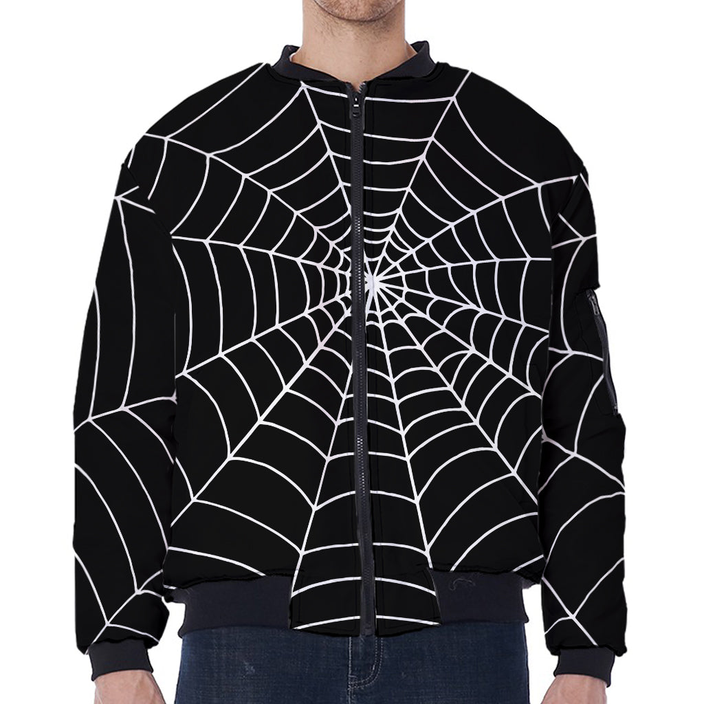 Black And White Cobweb Print Zip Sleeve Bomber Jacket