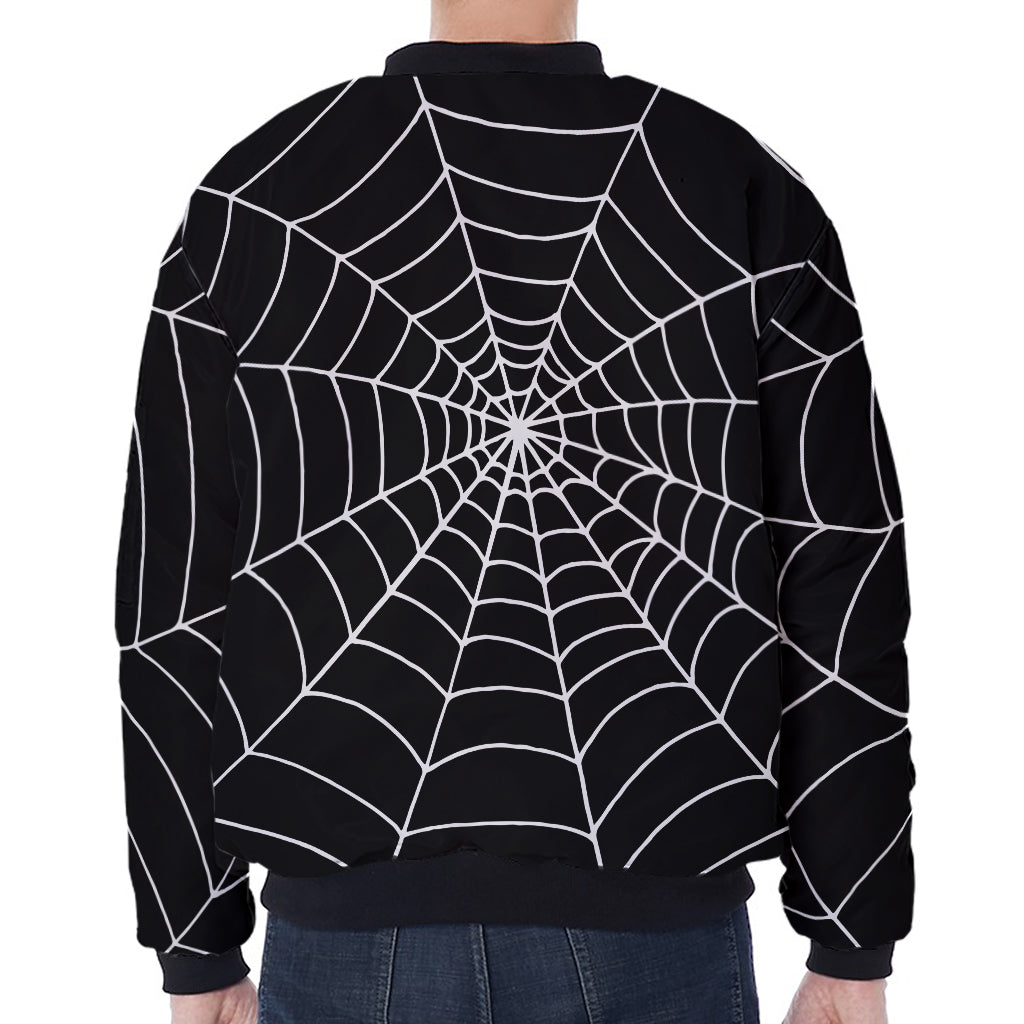 Black And White Cobweb Print Zip Sleeve Bomber Jacket
