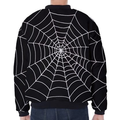 Black And White Cobweb Print Zip Sleeve Bomber Jacket