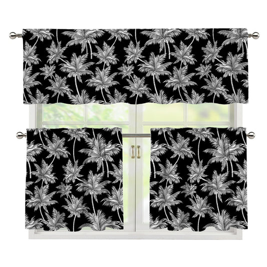 Black And White Coconut Tree Print 3 Piece Kitchen Curtains