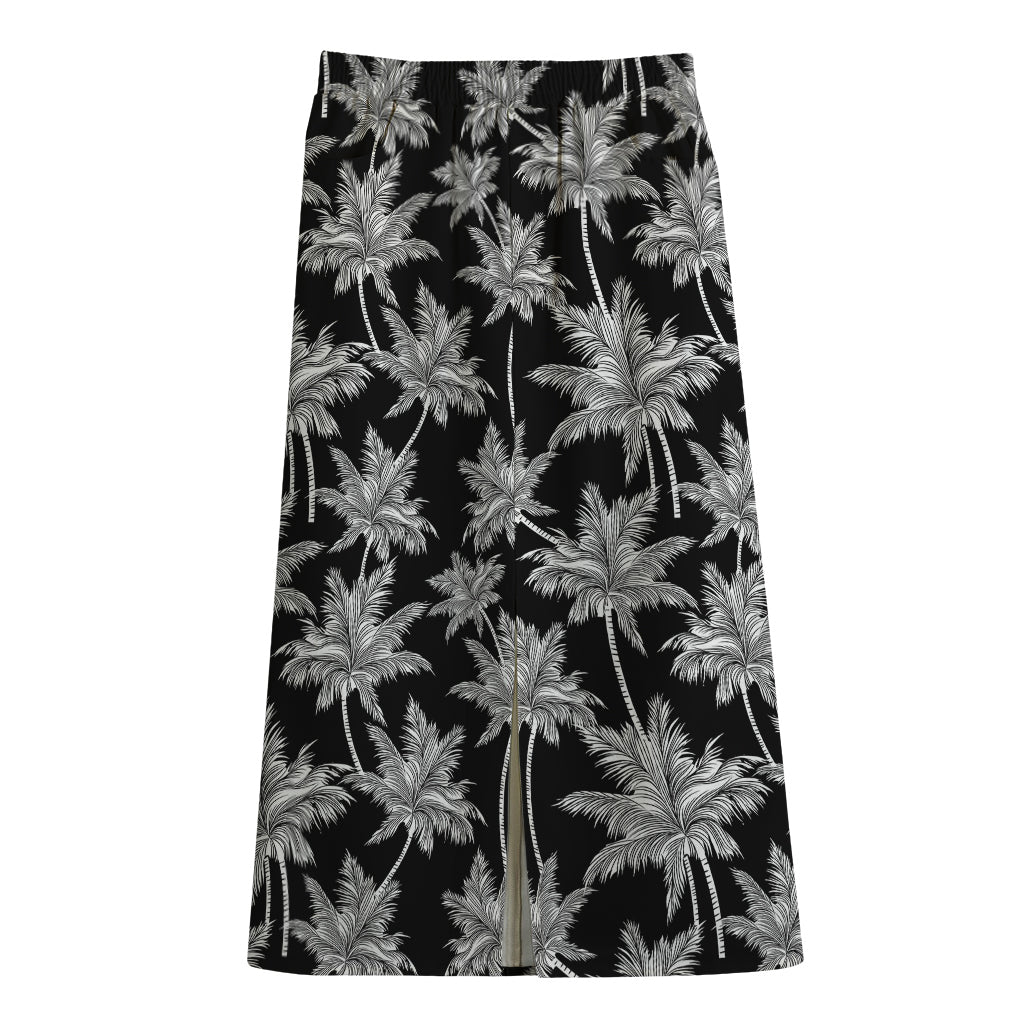 Black And White Coconut Tree Print Cotton Front Slit Maxi Skirt