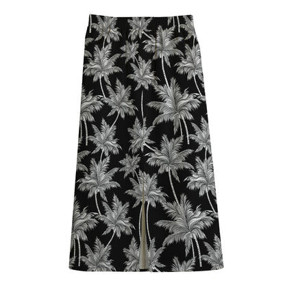 Black And White Coconut Tree Print Cotton Front Slit Maxi Skirt