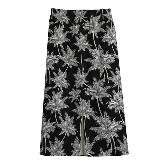 Black And White Coconut Tree Print Cotton Front Slit Maxi Skirt
