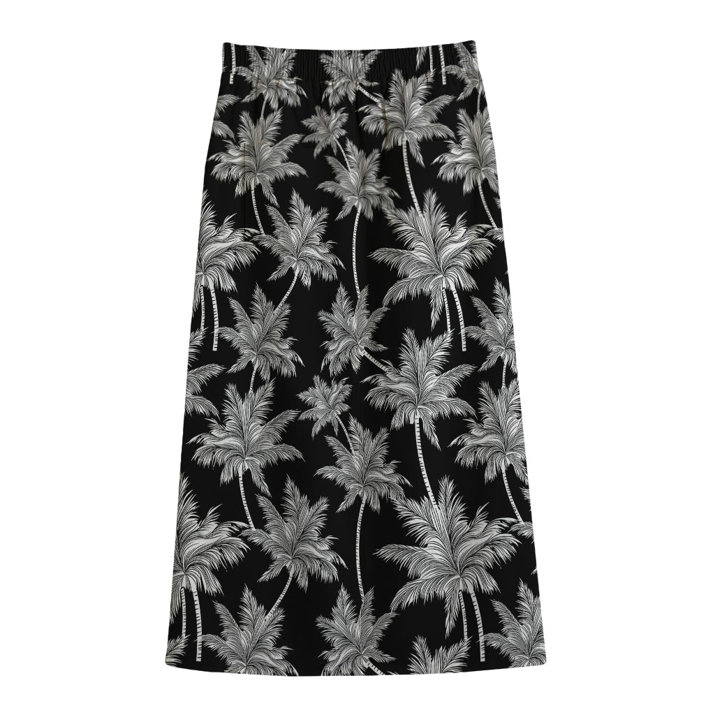 Black And White Coconut Tree Print Cotton Front Slit Maxi Skirt