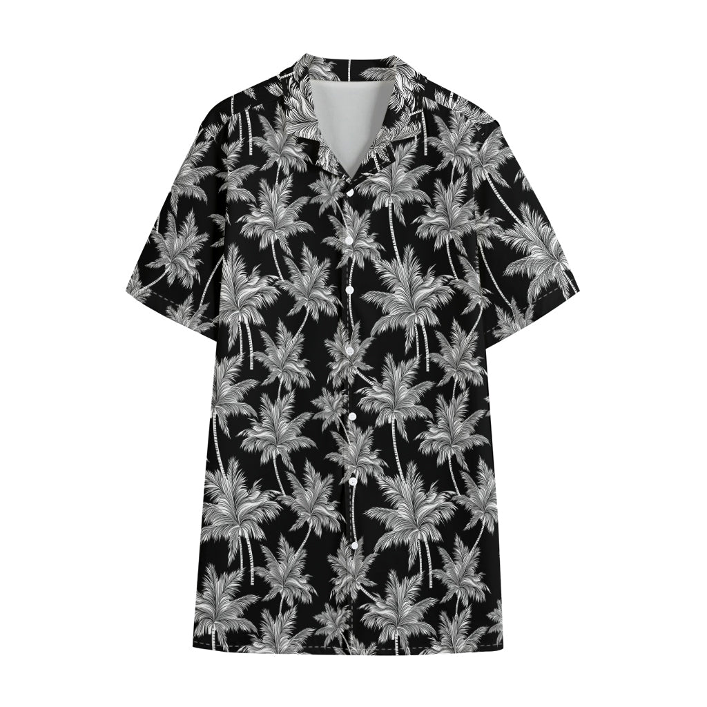 Black And White Coconut Tree Print Cotton Hawaiian Shirt