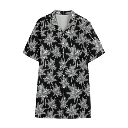Black And White Coconut Tree Print Cotton Hawaiian Shirt