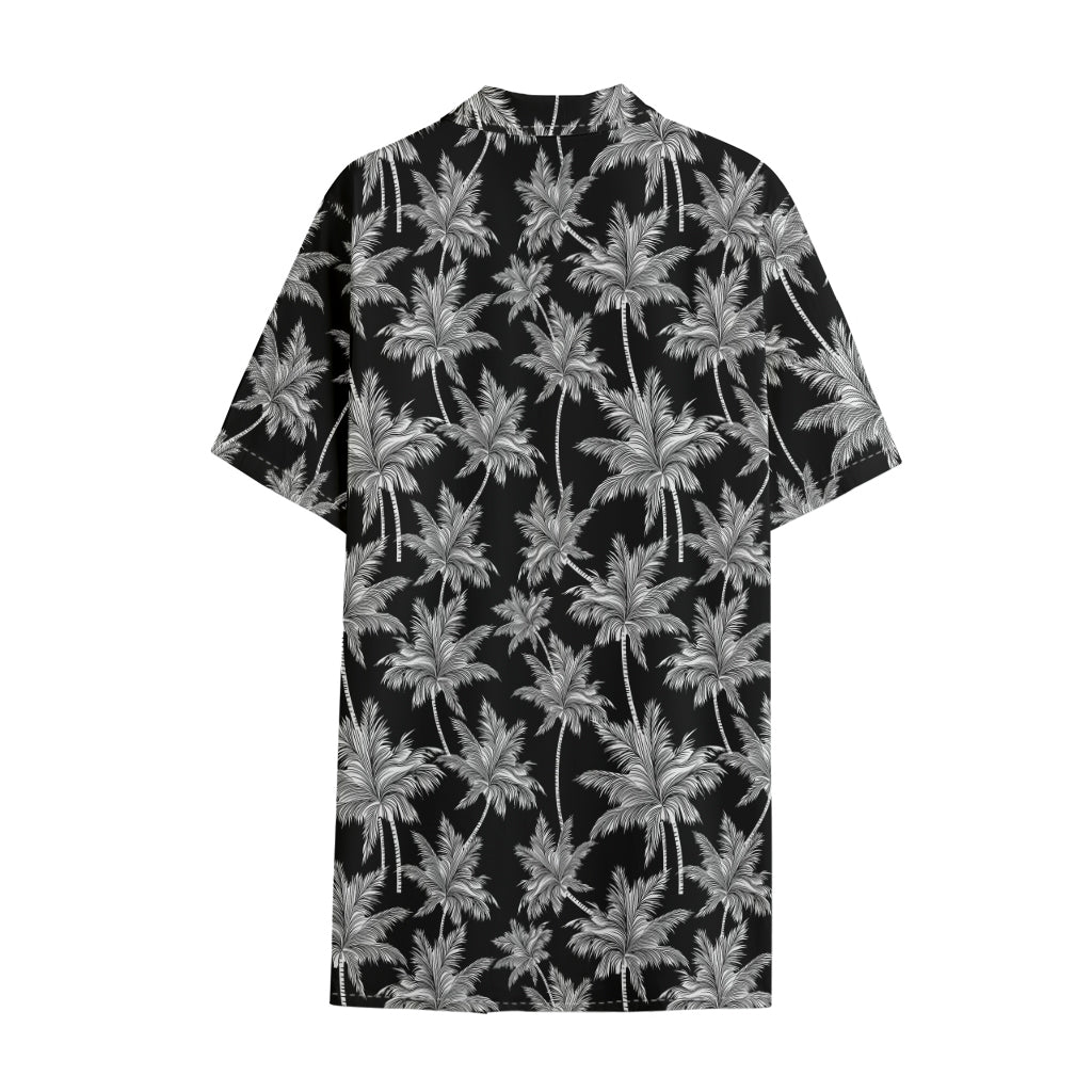 Black And White Coconut Tree Print Cotton Hawaiian Shirt