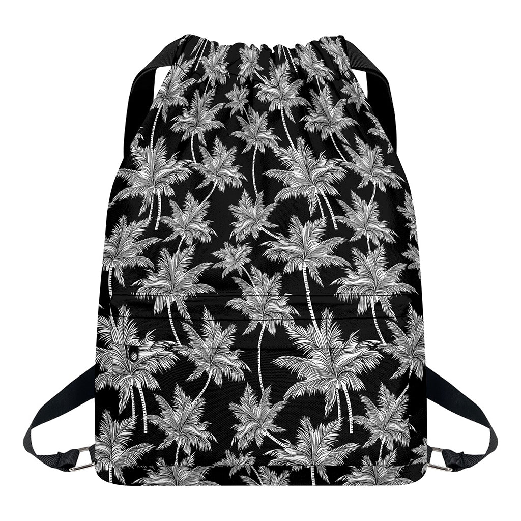 Black And White Coconut Tree Print Drawstring Backpack
