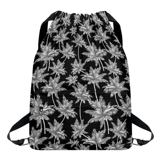Black And White Coconut Tree Print Drawstring Backpack