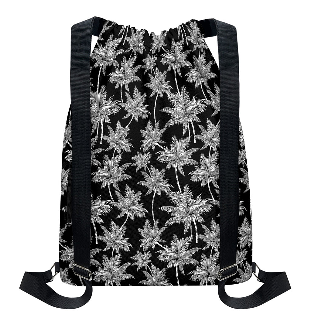 Black And White Coconut Tree Print Drawstring Backpack