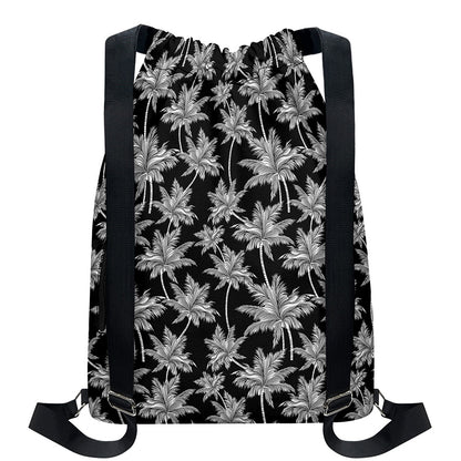 Black And White Coconut Tree Print Drawstring Backpack