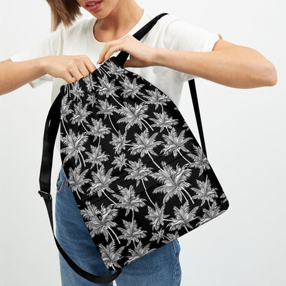 Black And White Coconut Tree Print Drawstring Backpack