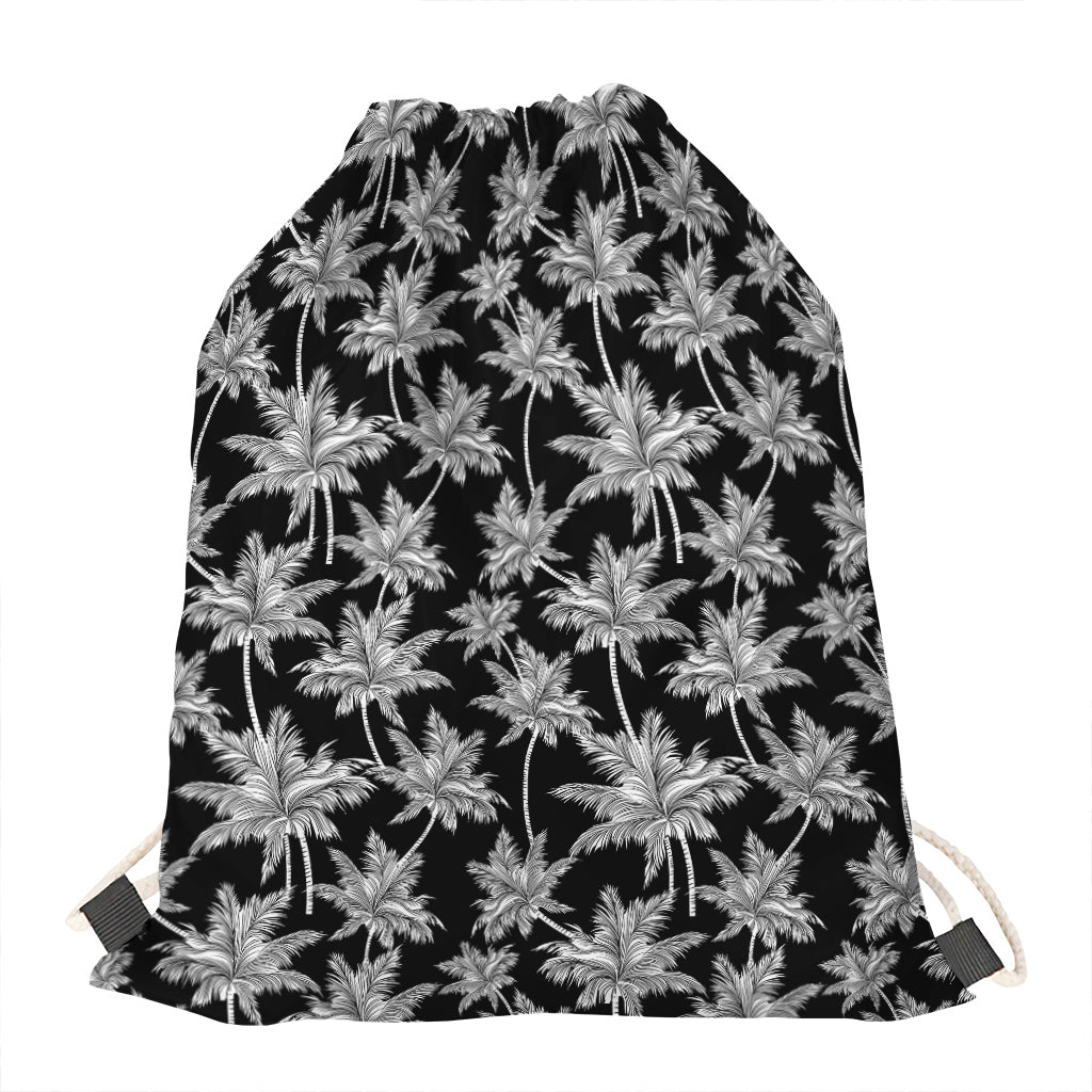 Black And White Coconut Tree Print Drawstring Bag