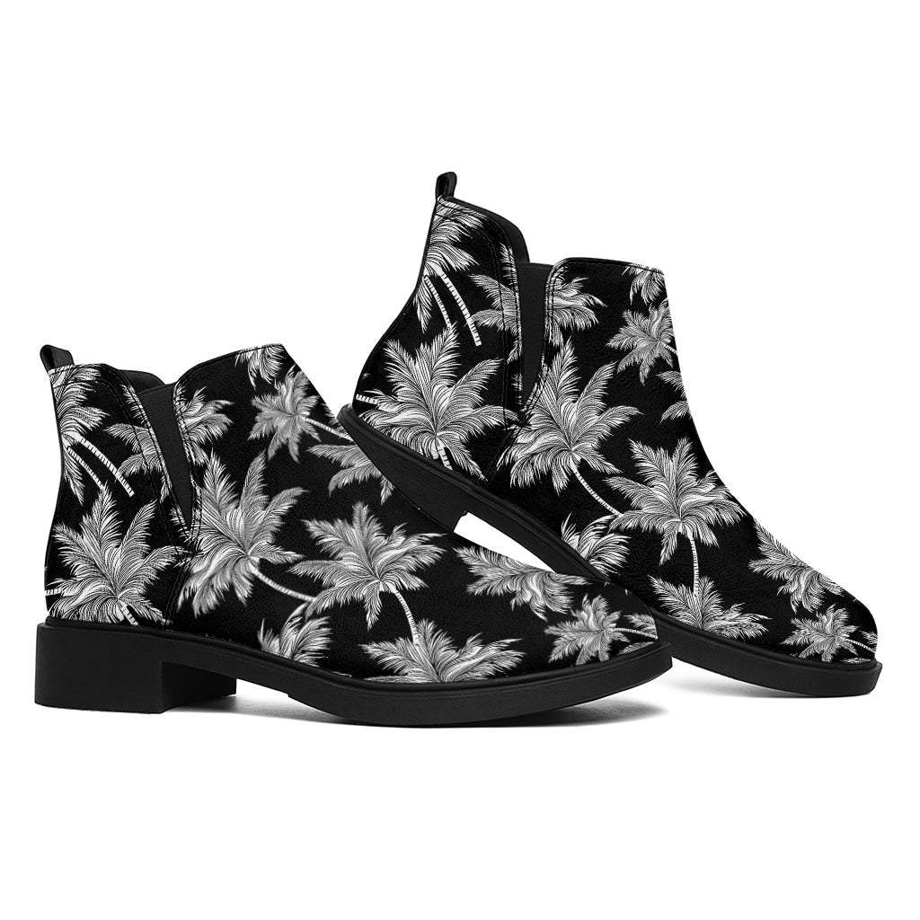 Black And White Coconut Tree Print Flat Ankle Boots