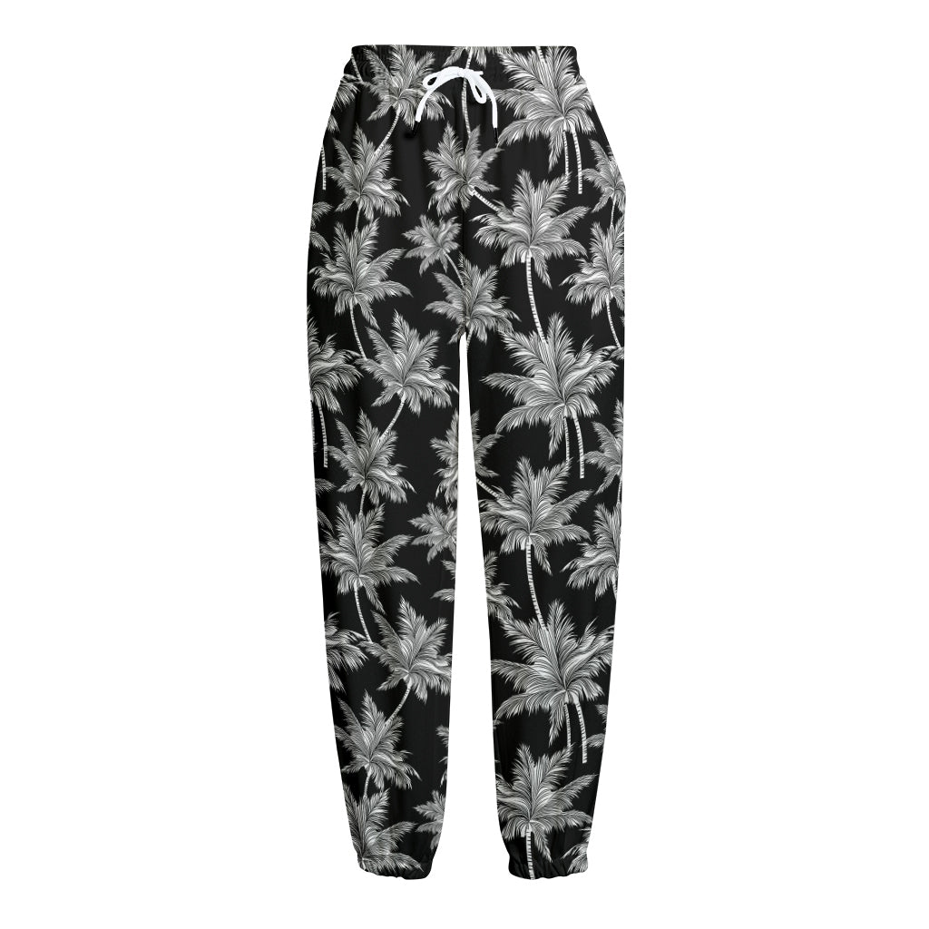 Black And White Coconut Tree Print Fleece Lined Knit Pants