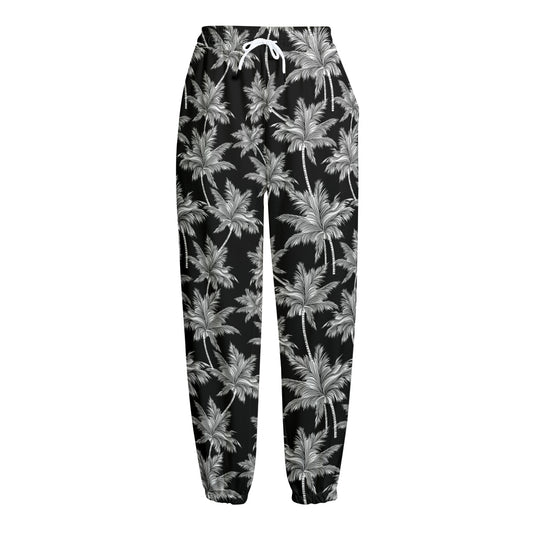 Black And White Coconut Tree Print Fleece Lined Knit Pants
