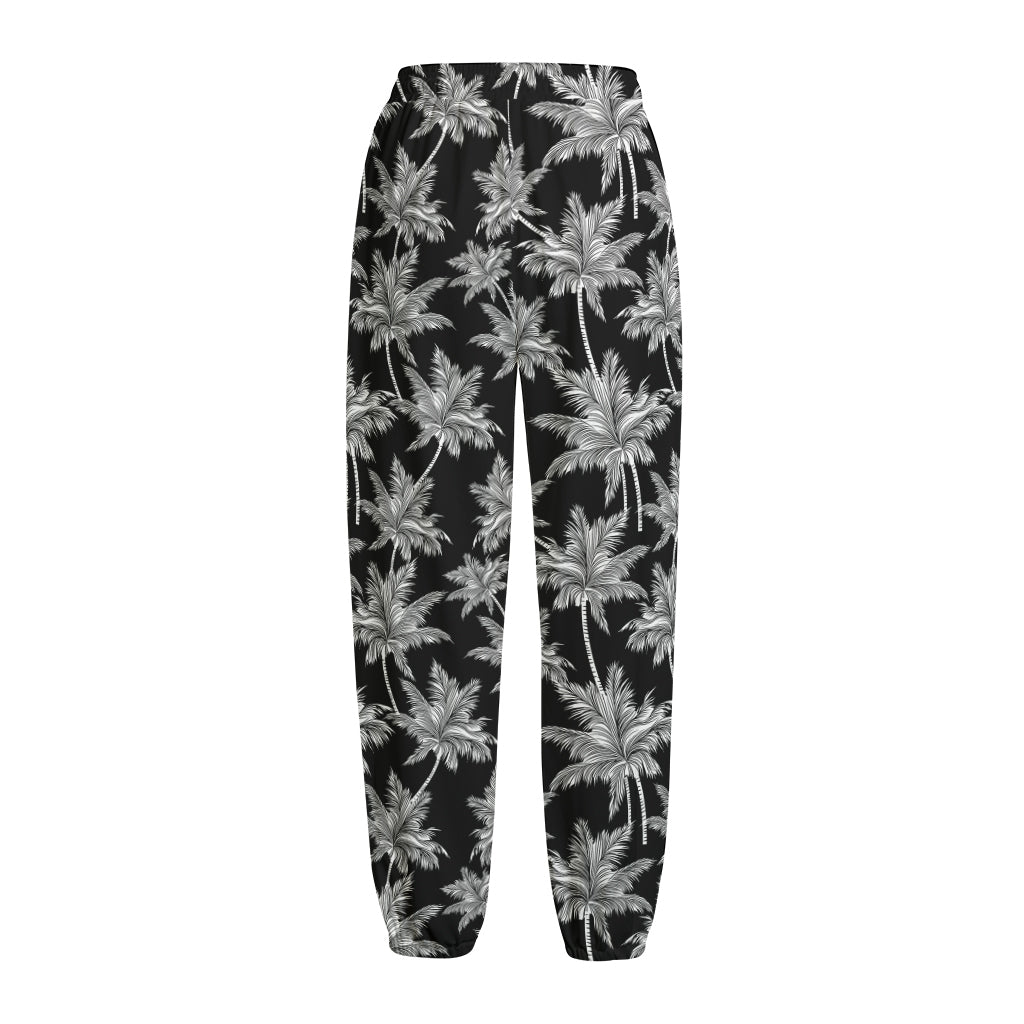 Black And White Coconut Tree Print Fleece Lined Knit Pants