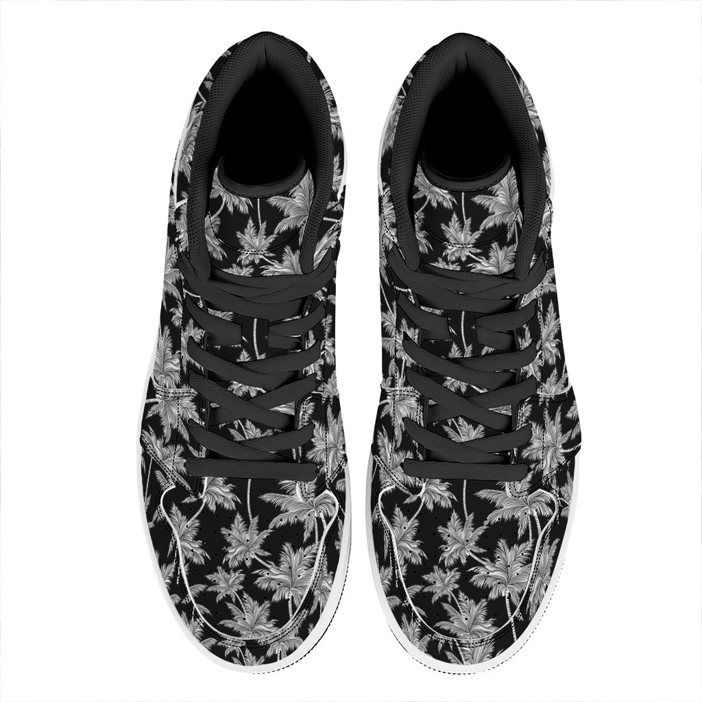 Black And White Coconut Tree Print High Top Leather Sneakers