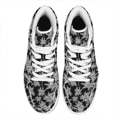 Black And White Coconut Tree Print High Top Leather Sneakers