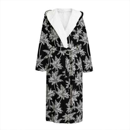 Black And White Coconut Tree Print Hooded Bathrobe