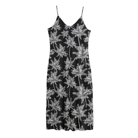 Black And White Coconut Tree Print Jersey Midi Cami Dress
