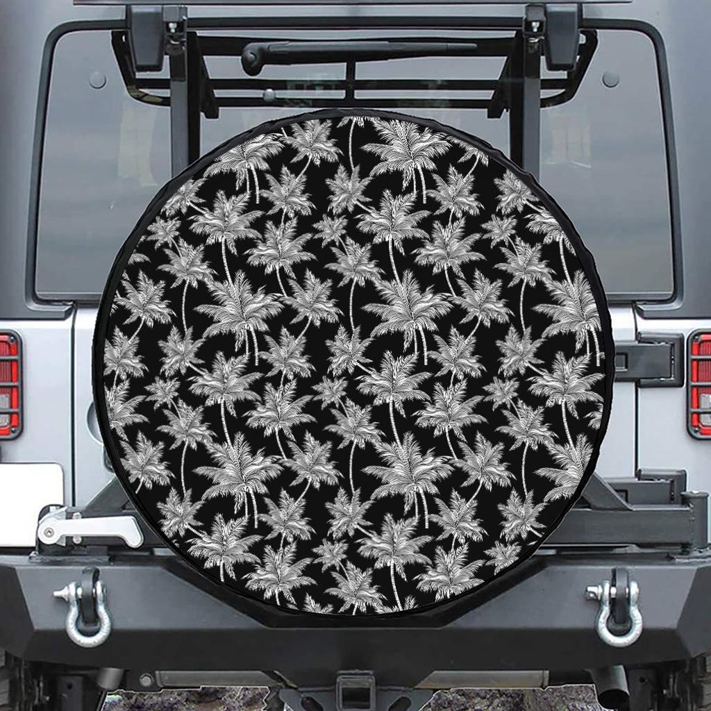 Black And White Coconut Tree Print Leather Spare Tire Cover