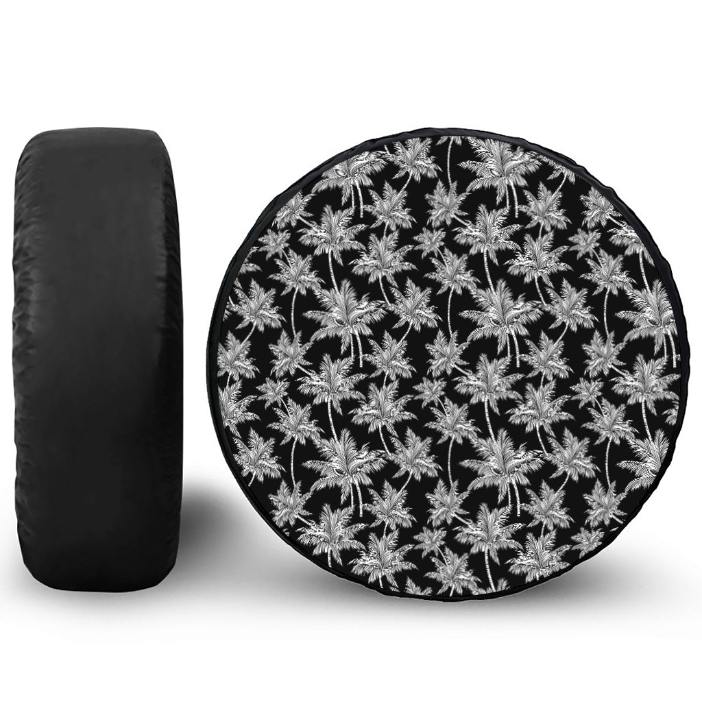 Black And White Coconut Tree Print Leather Spare Tire Cover